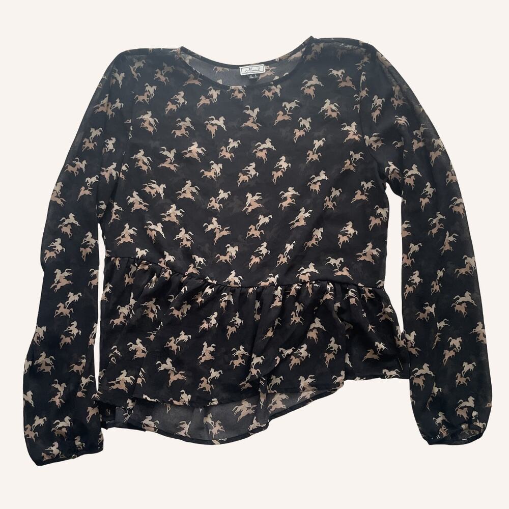 MISMASH sheer peplum shirt, black with horses, size L